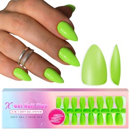 SXVME Soft Gel Nail Tips Short Almond Gel X Nails, 300Pcs Pre-applied Tip Primer Gel X Nail Tips, Natural Neon Green Colored Gel Tips Acrylic Fake Nails Extensions False Nails Press ons for Easy DIY