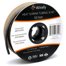 Wirefy | Heat Shrink Tubing - 3/16" inch - 3:1 Ratio - Adhesive Dual Wall Waterproof - Heat Shrink Tube - Heatshrink Tubes - Black - 50 Feet Roll | Trusted UL Certification