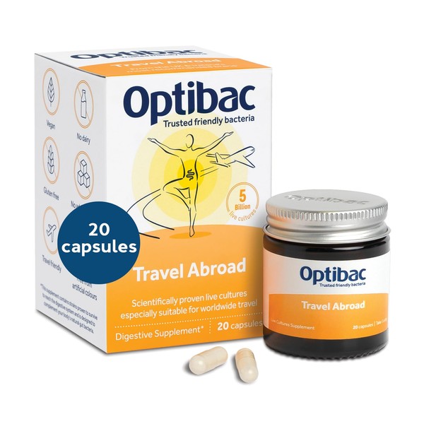 Optibac Travel Abroad Probiotics -Vegan Digestive Probiotic Supplement Formulated for Travel Support & Gut Health, 5 Billion Live Cultures - 20 Capsules