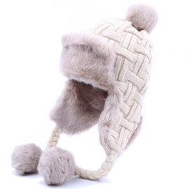 XRDSS Women Girl Winter Hats Knit Warm Earflap Pom Pom Beanie Hat (White)