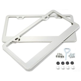 OHIDO 2 PCS Polish Mirror Specular Reflection Stainless Steel License Plate Frame Heavy Duty Spark Cover Luxurious Metal Plate Holder+4 Chrome Silver Caps+8 Alloy Screws+1 Screwdriver