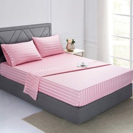 Satin-Silk Sheets Queen Size Bed Set, Pink Soft Cooling Deep Pocket Queen Sheets, Hypoallergenic, Wrinkle and Fade Resistant Bedding Set, Striped