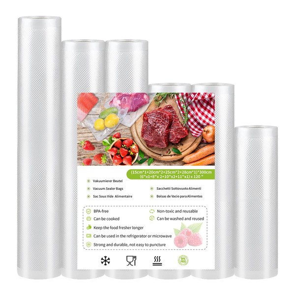 Vacuum Food Sealer Bags Rolls - 6 Roll 15|2x20|2x25|28 x300cm BPA Free Durable Vacuum Food Bags,Puncture Prevention Great for Food Storage and Sous Vide Cooking