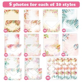 Sruchy 160 Packs Stationery Paper and Envelopes Set 10 Different Designs, 50 One Sided Stationery Writing Papers with 50 Matching Envelopes and 60 Round Dot Sticker, 5.5 x 8.25 Inch (Flower)