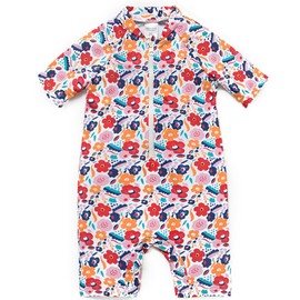 BONVERANO Baby Toddler Girls One Piece Swimsuit UPF 50+ Sun Protection Short Sleeve Zipper (Flower, 6-9 Months)