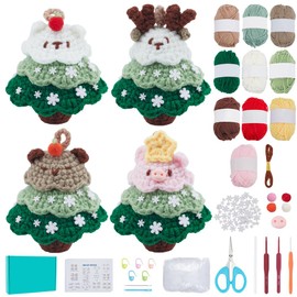 ORIGACH 4 Sets Crochet DIY Mixed Animal Christmas Tree Kit, Crochet Starter Kit with Step by Step Video Tutorial and Instruction for Christmas Party Decorations