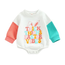 FIOMVA Baby Girl Boy Easter Outfit Long Sleeve Crewneck Sweatshirt Bunny Print Oversized Romper Onesie Spring Clothes(Thick Thighs Easter Vibes-White,0-6 Months)
