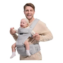 Momcozy Portabebés con Asiento de Cadera 2 en 1 Para Bebés Activos Carga Frontal Ajustable y Ergonómico Cangurera Para Bebé Mochila HC002 Tela Transpirable Gris