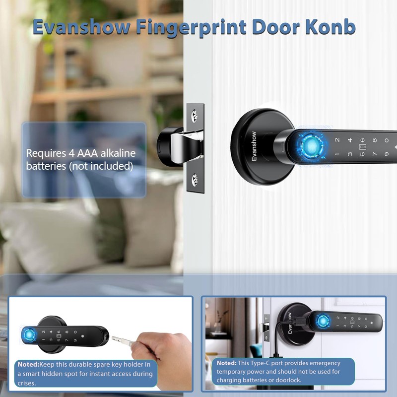 Evanshow Fingerprint Door Lock Biometric Door Knob with Keypad Keyless