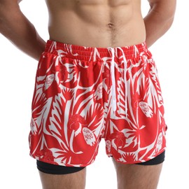 Rane Sports 2-in-1-Badeshorts für Herren, atmungsaktive schnelltrocknende Badeshorts, Strandsurf-Shorts, Roter Papagei, L