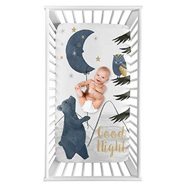 Sweet Jojo Designs Woodland Bear and Owl Boy or Girl Fitted Crib Sheet Baby or Toddler Bed Nursery Photo Op - Navy Blue, Grey, Gold and Black Celestial Moon Star Watercolor Forest