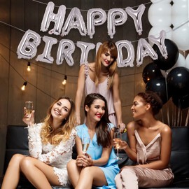 PIGETALE Silver Happy Birthday Balloons Banner, 16 Inch 3D Aluminum Foil Inflatable Hanging Letter Kit Set, Mylar Happy Birthday Sign Banner, Ecofriendly Party Decorations for Women Men Boys Girls