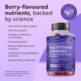 Nutravita Vegan Multivitamin Gummies for Women & Men – 120 Berry Flavour Chewable Adult Multivitamins (4 Month Supply) Daily Supplement with 14 Vitamins & Minerals incl. Vitamin C D3 B12 Biotin Zinc