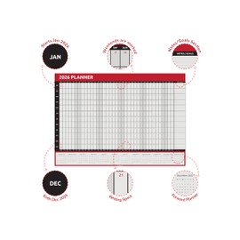 2026 Wall Planner Calendar A1 Size (84cm x 59cm) Full Year to view Calendar Home Office Work Runs Full Year (Red)