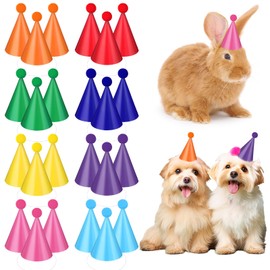Faccito 24 Pcs Mini Rainbow Birthday Party Cone Hats Dog Cat Colorful Pastel Paper Birthday Hats with Pom Poms Celebration Headwear for Mini Pets Animal Doll Party Decorations