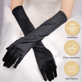 Andiker Long Evening Gloves, Opera Elbow Satin Gloves, Vintage Formal Fancy Dress Gloves Women Mittens for Wedding Prom Opera Party (Black)