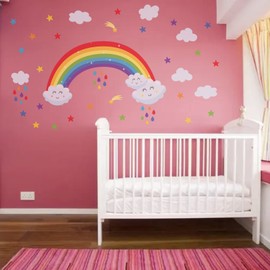 AnFigure Rainbow Wall Decals for Girls Bedroom Stars White Cloud Colorful Raindrop Wall Stickers Kids Room Baby Room Wall Decal Cute Beautiful Nursery Playroom Childrens Wall Decor