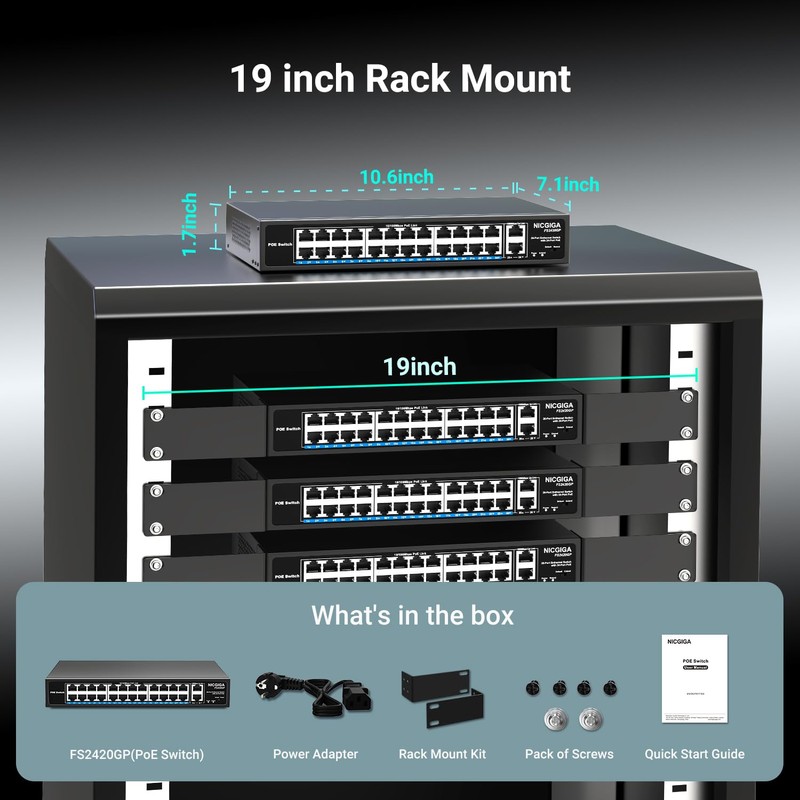 24 Port PoE Switch Unmanaged, 24 Port PoE+@400W, 2 Gigabit