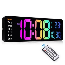 Sukeen Digital Wall Clock, 13" Digital Clock Wall Clock Digital Alarm Clock with Remote Control/Count Up & Down/10-Level Dimming/Dual Alarm/Date/Temperature for Home, Gym, Office, Garage-Colorful