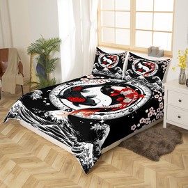 Feelyou Japanese Koi Fish Duvet Cover King Size Kids Wave Bedding Set for Boys Girls Teens Cherry Blossoms Japanese-Style Comforter Cover(No Comforter)