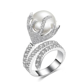 Exaggerated Imitation Pearl CZ Statement Wrap Ring for Women Silver Plated Unique Style Crystal Flower Layered Big Round Pearl Stacking Finger Rings Comfort Fit Fashion Jewelry for Wedding Her, Silver