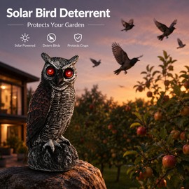 Solar Owl Bird Deterrent for Garden Protection – Motion Sound & Flashing Eye Decoy for Yards, Farms & Orchards