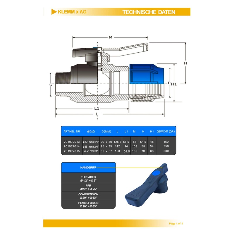 PP Ball Valve 25 mm x 3/4 Inch PP Clamp