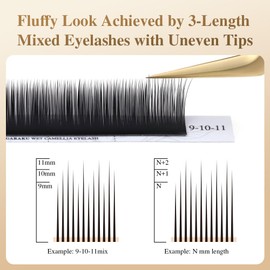 NAGARAKU Wet Camellia Eyelash Extension, Individual Lashes 3 Multi-length Fans Premium Matte Black Natural Pre-Glued Classic Lash Extensions Mega Volume Beauty Salon Supplies - 0.07C 7-8-9