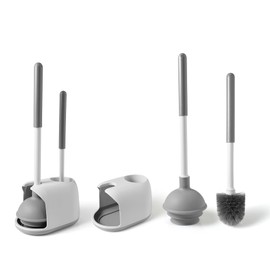 Eyliden 2 Pack Toilet Plunger and Brush Set, 3-Step Suction Cup Toilet Plunger and Bowl Brush Set with Holder, Toilet Plunger Brushes Combo with Caddy (2 Pack, White & Grey)