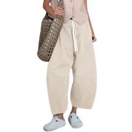 Xiaoxuemeng Wide Leg Pants for Women Cotton Casual Barrel Pants High Waisted Palazzo Harem Pants with Pockets(0809-Beige-L)