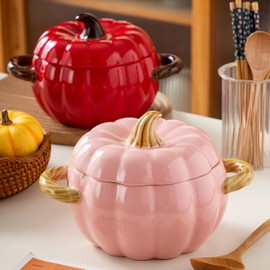 Ceramic Soup Bowl, Pumpkin Pottery Dessert Saucepan with Handle, 66oz Baking Dish Cute Pumpkin Bowl, Large Covered Dutch Oven Ceramic Stockpot, Pumpkin-Shaped Casserole,Decoration for Kitchen (Pink)