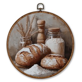 Voxitura Vintage Kitchen Bread Wall Art Round Framed, Farmhouse Wall Decor Canvas Hanging Dining Living Room, Rustic Still Life Retro Paintings Prints Artwork Decorations for Bedroom Dorm 10x10in