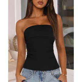 BTFBM Womens Strapless Tube Tops Summer Spring Clothes 2025 Trendy Casual Ruched Stretchy Going Out Bodycon Bandeau Top(Black, Large)