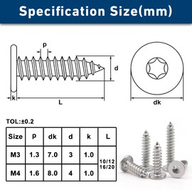 Drenky Torx M4 x 16 mm Tapping Screws Flat Head M4 Wood Screws Stainless Steel A2 V2A Ideal for Woodworking, Rustproof and Durable, Full Thread, Pack of 50