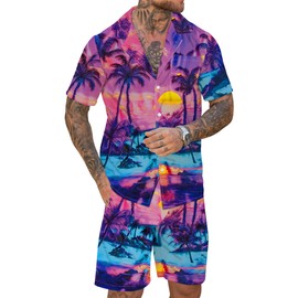 Men's Vacation Beach Outfits 2 Piece Shorts Set Palms Hawaiian Button Down Shirt and Shorts