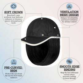 Qlenkay Waterproof Baseball Cap Attached with Straight Bob Hair Soft Crown Adjustable Quick Dry Hat Wig 14in Short Synthetic Hairpiece for Women Dark Black