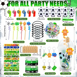 EUDHYAC 208 Pcs Soccer Party Favors, Soccer Birthday Party Supplies with Cups Straw Stress Ball Keychain Slap Bracelets Whistles Stickers Thank You Tags for Soccer Party Decorations Supplies (Soccer)