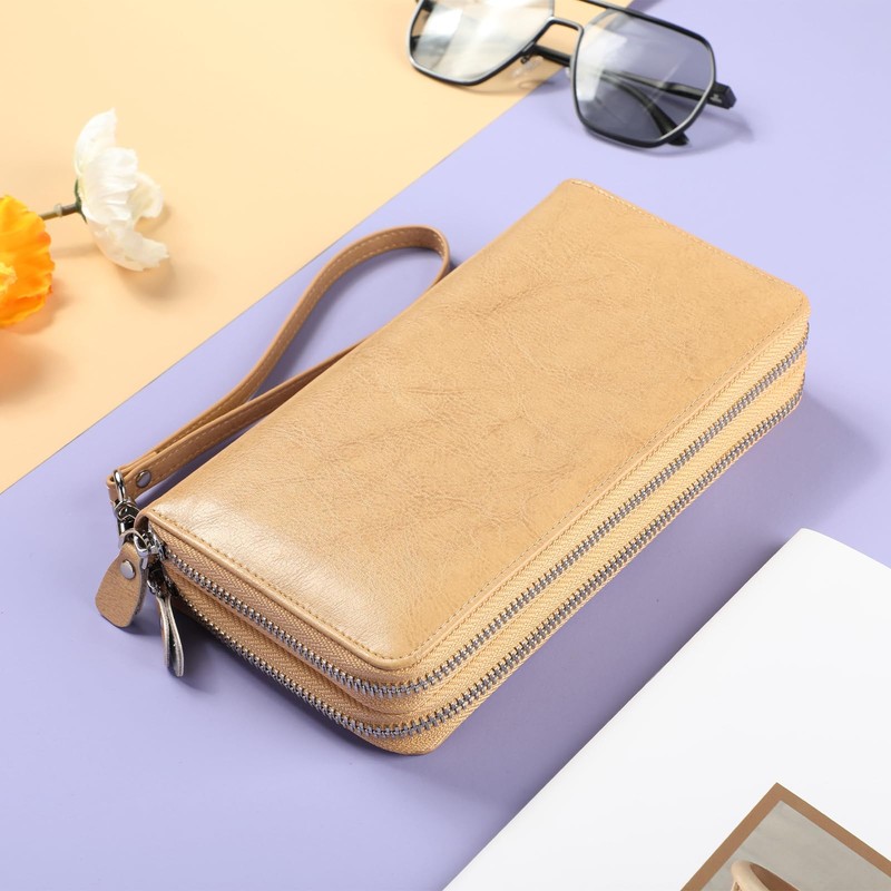 Lavemi Women's 100% Leather Double Zip Large Capacity RFID Blocking