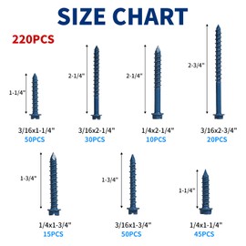 220Pcs Concrete Screws 1/4" 3/16" Concrete Drill Bit Set, Hex Head Screws Masonry Screws for Concrete Brick, Masonry Drill Bit Set Self Tapping Concrete Screws Concrete Screw Anchor