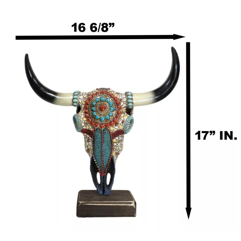 Large Rustic Western Bull Cow Skull With Turquoise Red Rocks