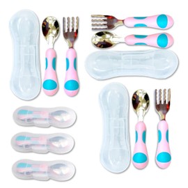 kinsho Utensilios Para Niños Pequeños - Juego De Cubiertos Para Niños con Estuche De Viaje X 3 - Cucharas De Tenedores De Acero Inoxidable Para 1 2 3 4 Años. Cubiertos De Metal Para Comida Para Niños