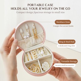 HSOOVZN Travel Jewelry Case Box,PU Leather Small Jewelry Organizer for Women Girls, Portable Jewellry Storage for Stud Earrings Rings Necklaces Bracelets (Pink)