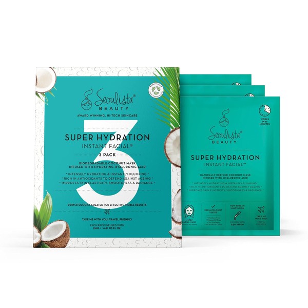 Seoulista Beauty Super Hydration Instant Facial Multipack – Award Winning - Beauty Face Masks with Hyaluronic Acid, Coconut – Natural Fibre BioCellulose Sheet Masks— Korean Beauty — 3-Pack