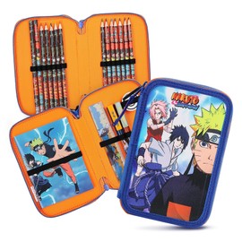 Naruto Pencil Case, Anime Fan Pencil Case with Complete School Items, Lightweight Double Compartment School Pencil Case, Unique Pencil Case, Gift for Boys, blue, Naruto Stationery Set Filled