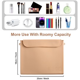 Aohcae Bolsa de maquillaje de silicona con espejo de maquillaje de viaje, bolsa de aseo de viaje premium para mujeres, bolsa de cosméticos fácil de transportar para maquillaje, herramientas de belleza y pinceles, Caqui, Bolsa de cosméticos con solapa con