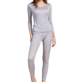 Grenasasilk Womens Silk Long Underwear Mulberry Silk Long Johns Silk Thermal Underwear Sets Cold Weather Base Layer (XS, Silver grey)
