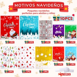 LIHAO Bolsa de Regalo Para Navidad, Bolsa de Envoltura con Cintas, Bolsa de Diferentes Tamaños para la Decoración de Fiestas de Navidad, 10 Piezas