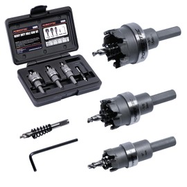 POWERTEC Heavy-Duty Carbide Hole Saw 3PC Kit with Spring-Loaded Pilot Drill Bit – Includes 7/8", 1-1/8", 1-3/8" Cutters, Extra Pilot Bit, Allen Key, and Molded Carrying Case (14909)