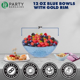 PARTY BARGAINS 12 oz Plastic Bowls, Transparent Blue, Gold Rim, 10 Pack