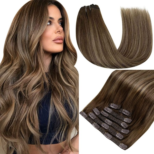 RUNATURE Real Hair Extensions, Clip Brown Balayage Ombre Clip Extensions Real Hair, 45 cm Dark Brown with Caramel Blonde Hair Extensions Clips, #4T27P4